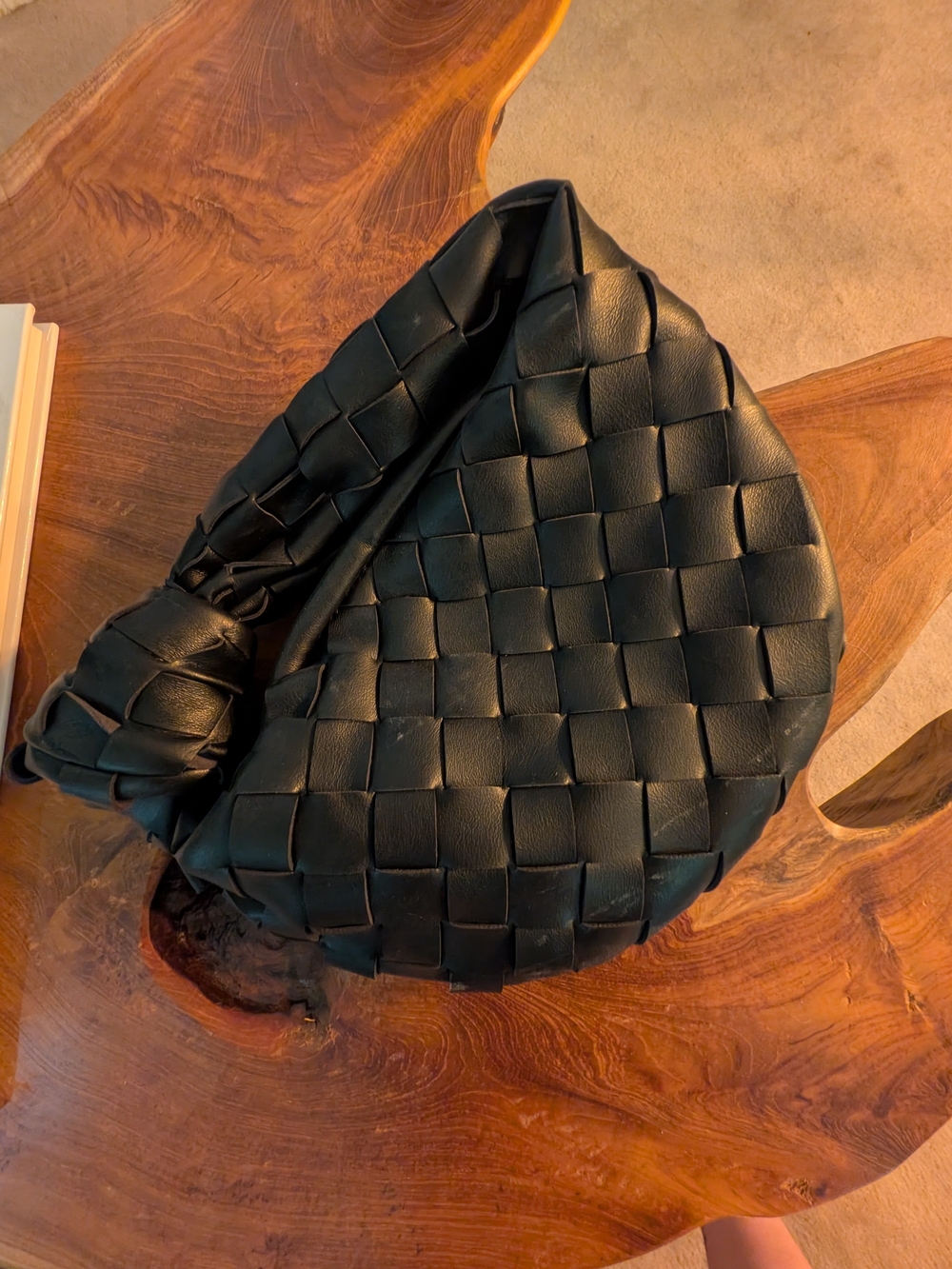 Woven Leather Knot-Handle Shoulder Bag - Black